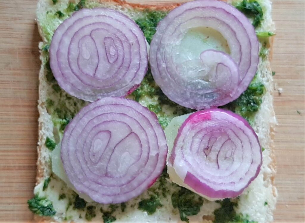Adding onion slices on veg grilled sandwich