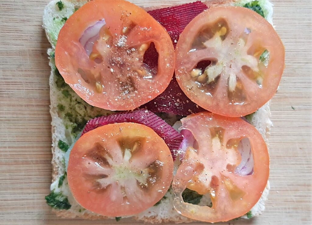 tomato slices on vegetarian cheese sandwich
